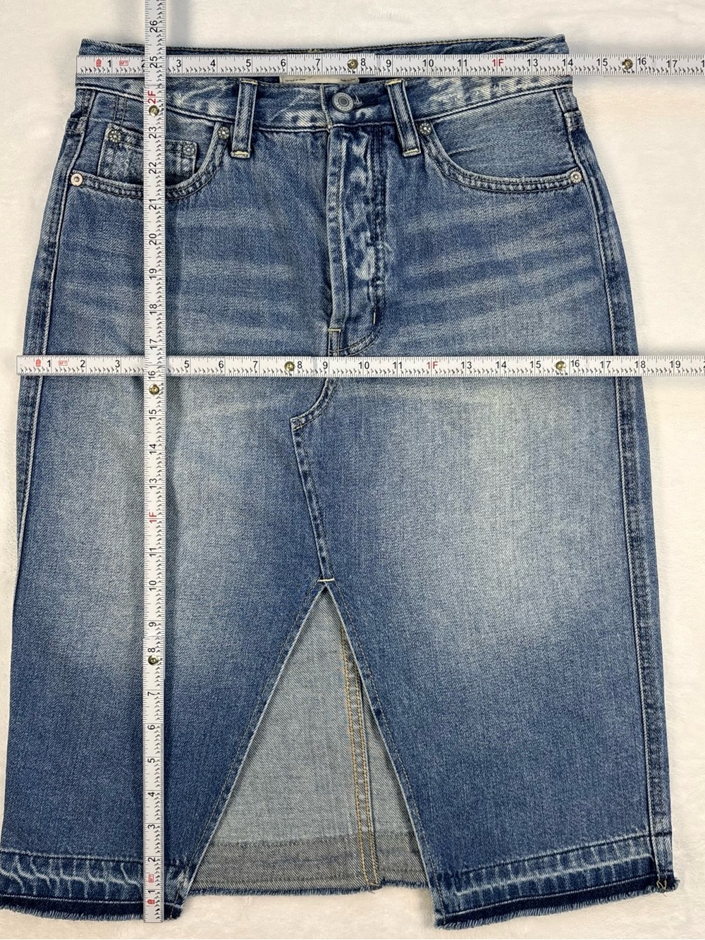 FREE PEOPLE WE THE FREE Denim Pencil Midi Skirt Front Slit Button Fly 26 - Picture 9 of 9